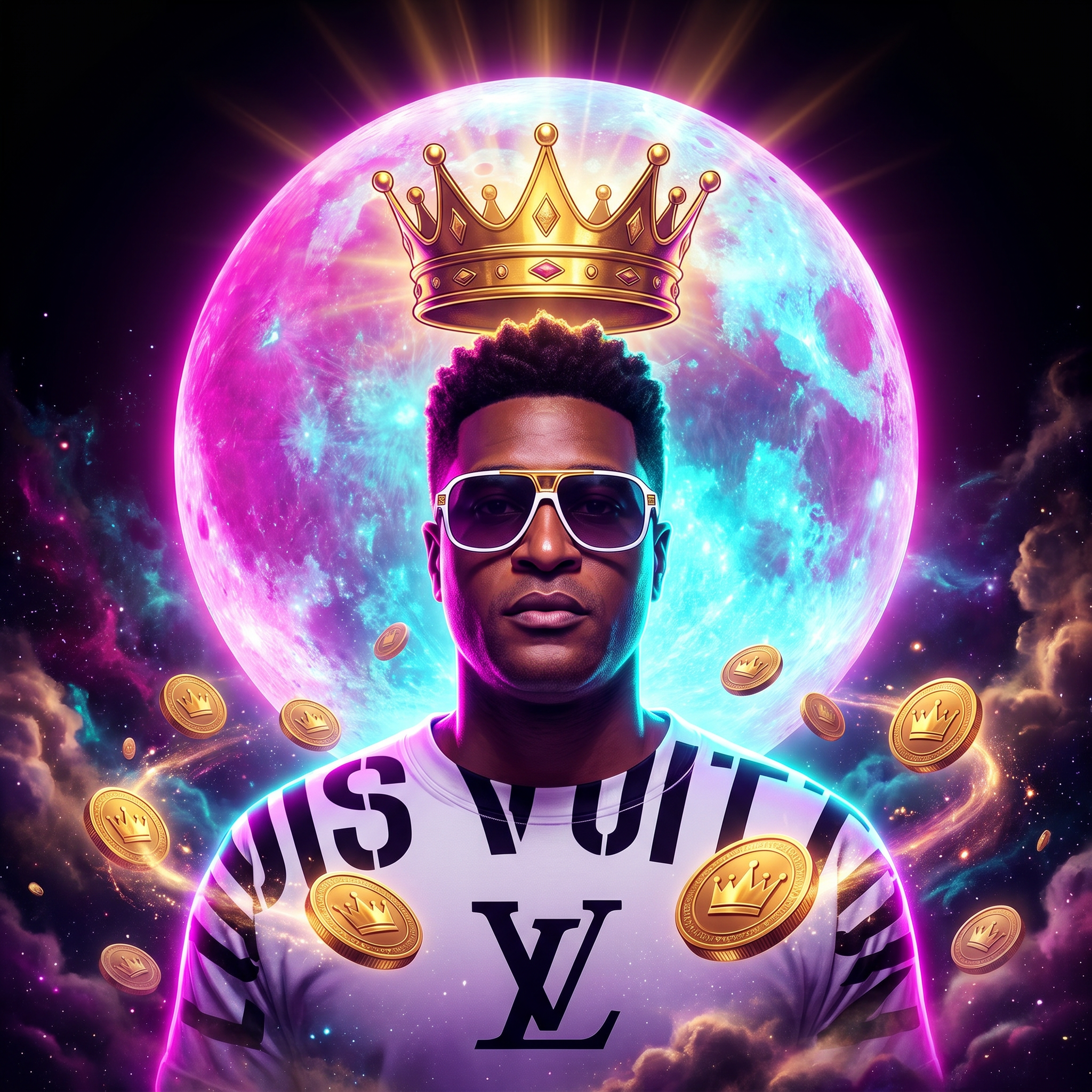 Moon King B-Roots — the king of crypto, wearing a golden crown and silver shades, surrounded by floating tokens